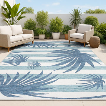 Veronica Classic Beach Stripe And Palm Leaf Indoor/Outdoor Area Rug
